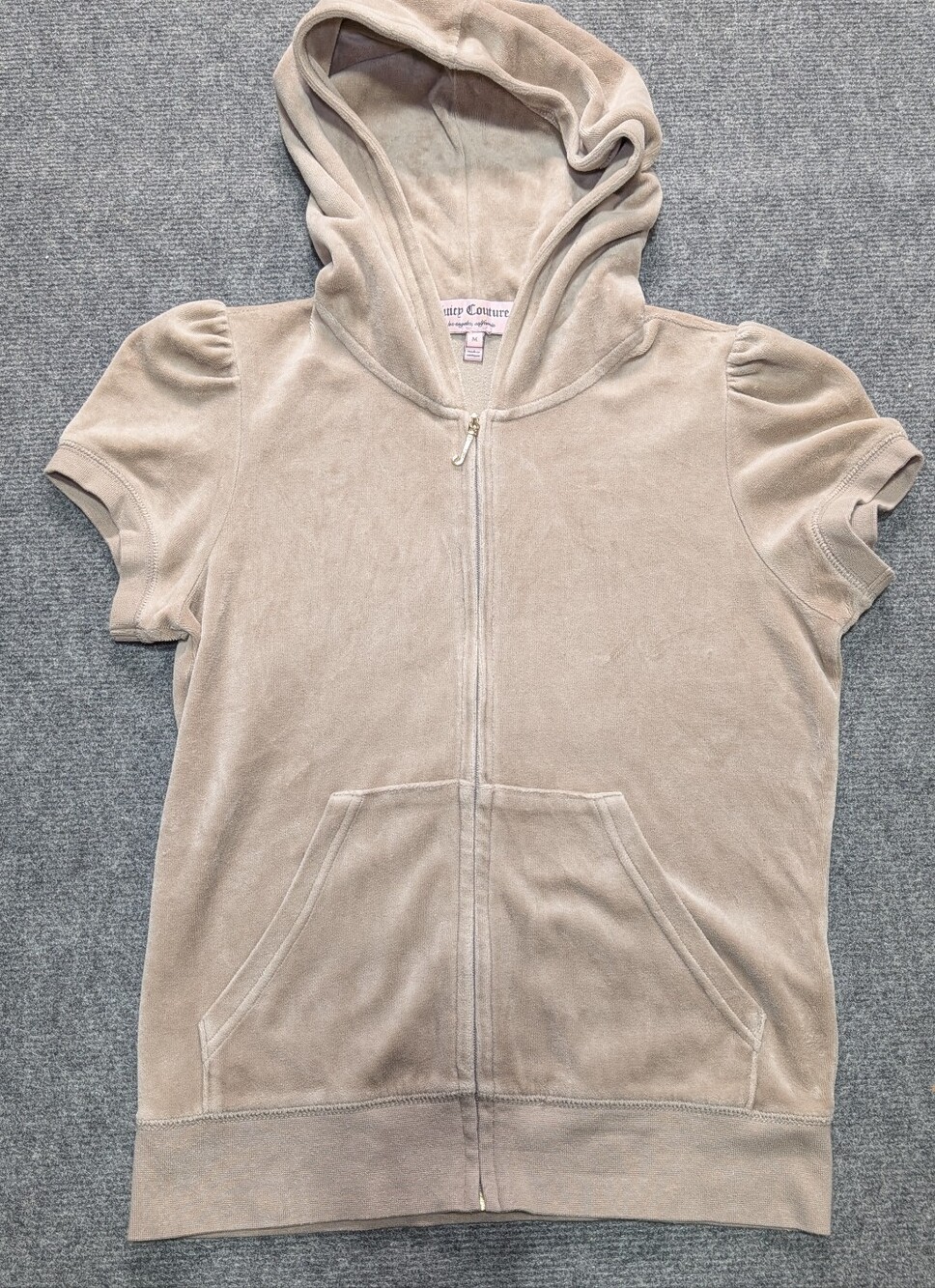 Juicy Couture Velour Short Sleeve Hoodie Rhinestone Big Crest Taupe Tan M